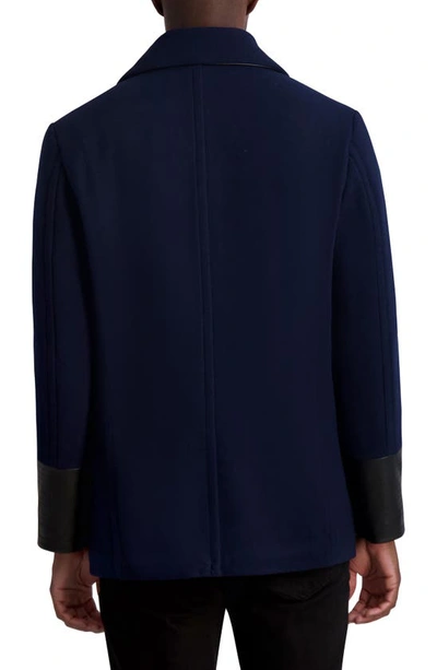 Shop Karl Lagerfeld Double Breasted Wool Blend Peacoat In Navy