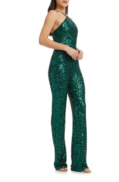Shop Dress The Population Darian Sequin Halter Jumpsuit In Deep Emerald