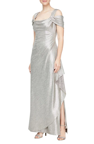 Shop Alex Evenings Cold Shoulder Cowl Neck Metallic Gown In Champagne