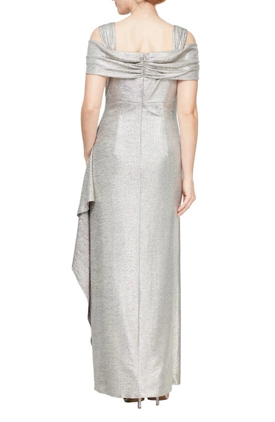 Shop Alex Evenings Cold Shoulder Cowl Neck Metallic Gown In Champagne