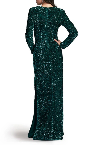 Sho By Tadashi Shoji Sequin Wrap Front Long Sleeve Gown In Jungle Green