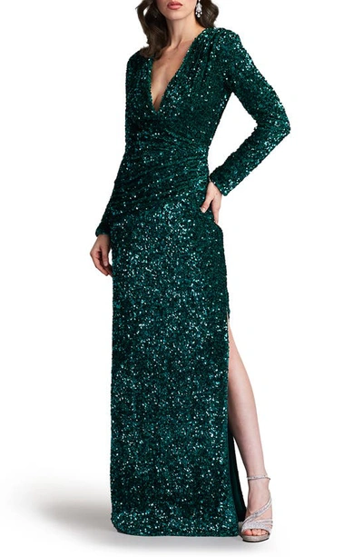 Sho By Tadashi Shoji Sequin Wrap Front Long Sleeve Gown In Jungle Green