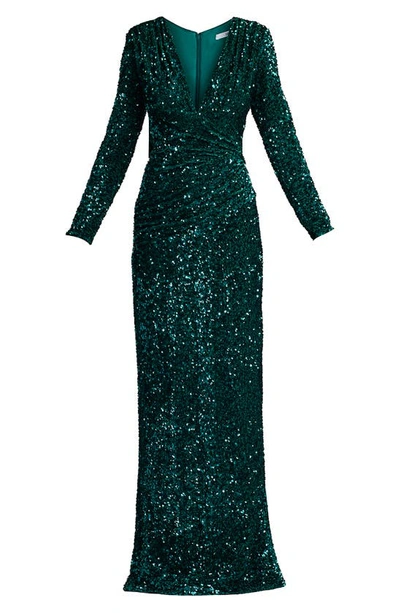 Sho By Tadashi Shoji Sequin Wrap Front Long Sleeve Gown In Jungle Green