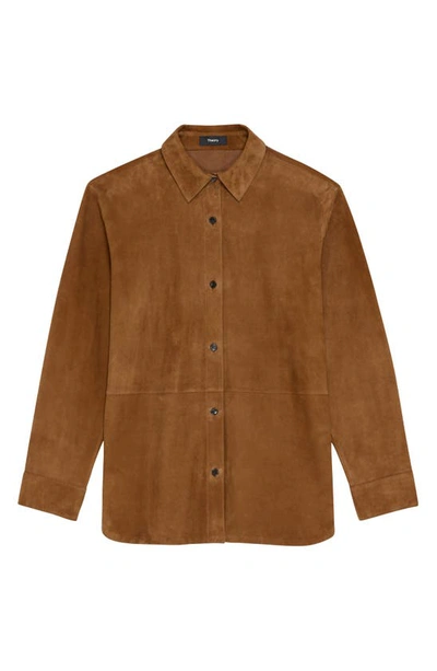 Shop Theory Classic Suede Button-up Shirt In Teak