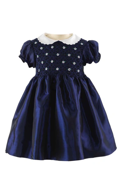 Shop Rachel Riley Floral Embroidery Smocked Taffeta Dress & Bloomers In Navy