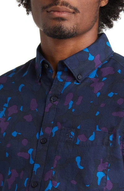 Shop Original Penguin Slim Fit Camo Print Short Sleeve Button-down Shirt In Dress Blues