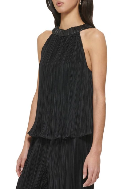Shop Dkny Plissé Sleeveless Top With Faux Leather Trim In Black