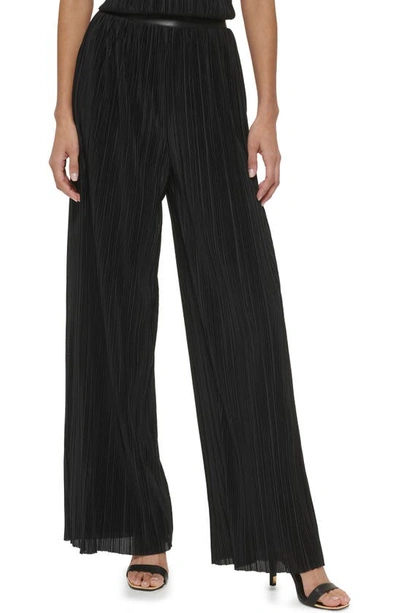 Shop Dkny Mixed Media Plissé Wide Leg Pants In Black