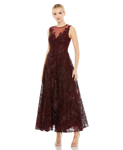 Shop Mac Duggal Women's Embroidered High Neck Sleeveless Dress In Burgundy
