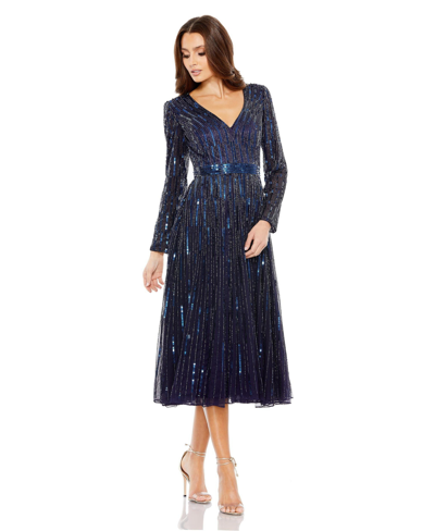 Shop Mac Duggal Women's Long Sleeve Tea Length Dress In Midnight