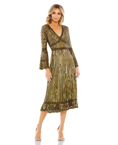 Shop Mac Duggal Women's Embellished Long Sleeve V-neck A Line Dress In Light Olive