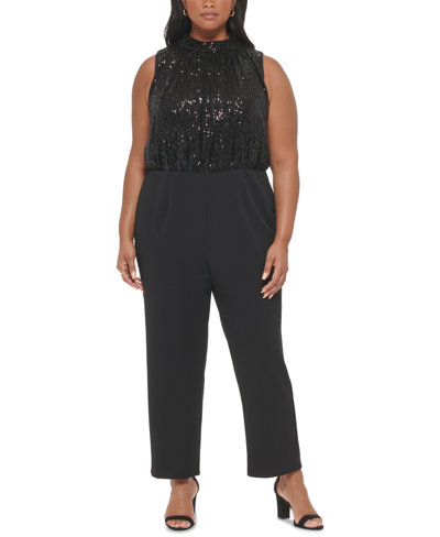 Shop Eliza J Plus Size Mock-neck Sequined-bodice Jumpsuit In Black