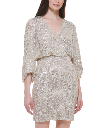 Shop Eliza J Petite Sequined Surplice V-neck Blouson Dress In Silver