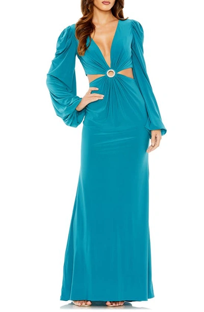 Shop Ieena For Mac Duggal Cutout Long Sleeve Jersey Column Gown In Ocean Blue