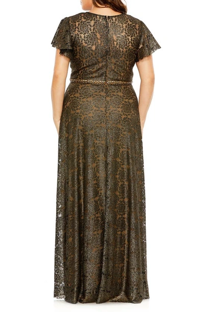 Fabulouss By Mac Duggal Flutter Sleeve Lace Overlay Gown In Black Gold