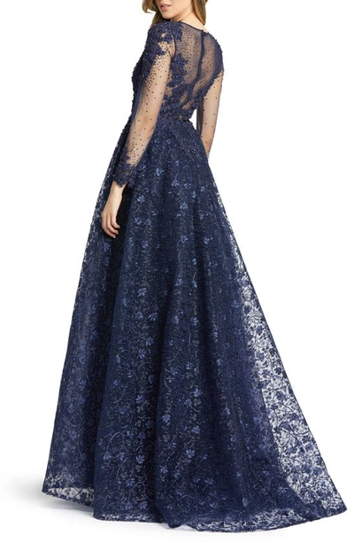 Shop Mac Duggal Embellished Lace Long Sleeve Ball Gown In Midnight