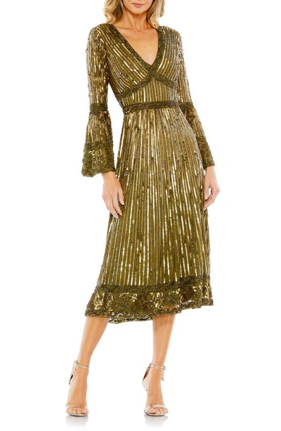 Shop Mac Duggal Sequin Long Sleeve Midi Cocktail Dress In Light Olive