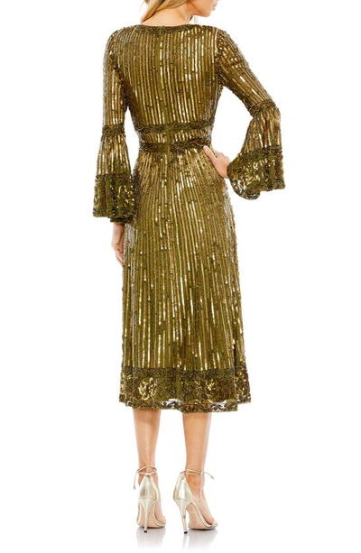 Shop Mac Duggal Sequin Long Sleeve Midi Cocktail Dress In Light Olive