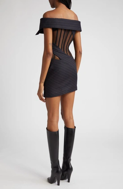 Shop Monse Pinstripe Off The Shoulder Stretch Wool Dress In Midnight
