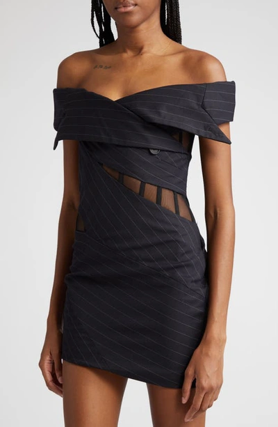 Shop Monse Pinstripe Off The Shoulder Stretch Wool Dress In Midnight