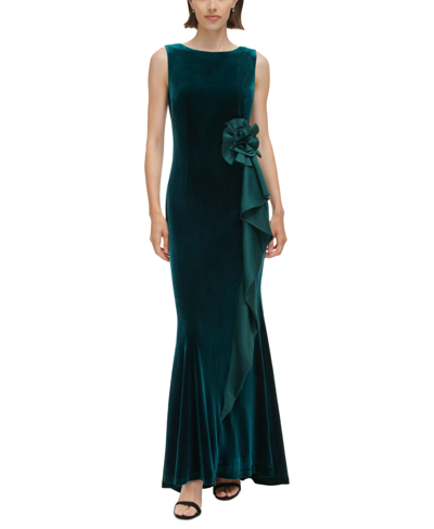Shop Jessica Howard Women's Rosette Waterfall-ruffle Gown In Hunter
