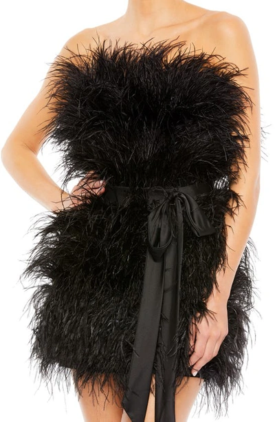 Shop Mac Duggal Strapless Faux Feather Minidress In Black
