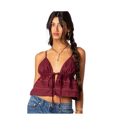 Shop Edikted Candy Cotton Tie Front Tank Top In Burgundy