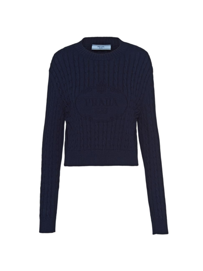Shop Prada Women's Cotton Crewneck Sweater In Blue