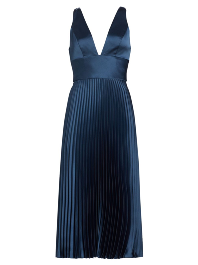 Shop Amsale Women's Satin V-neck Pleated Midi-dress In French Blue