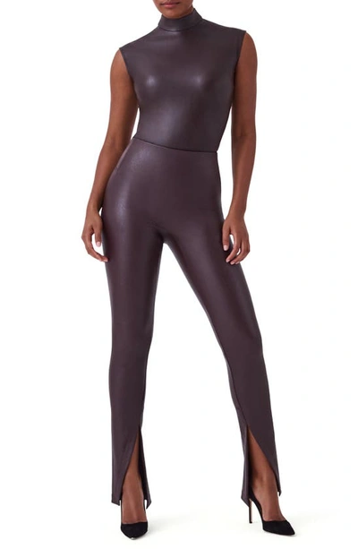 Shop Spanx Mock Neck Faux Leather Thong Bodysuit In Cherry Chocolate