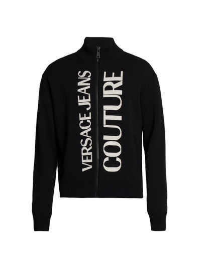 Shop Versace Jeans Couture Men's Logo Wool Cardigan In Black White