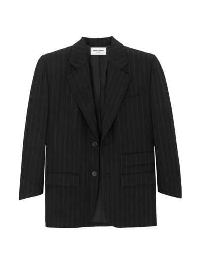 Shop Saint Laurent Women's Oversized Jacket In Pinstripe Wool Felt In Noir Craie
