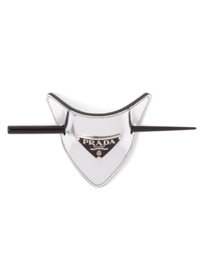 Shop Prada Women's Brushed Leather Hair Clasp With Stick In Silver