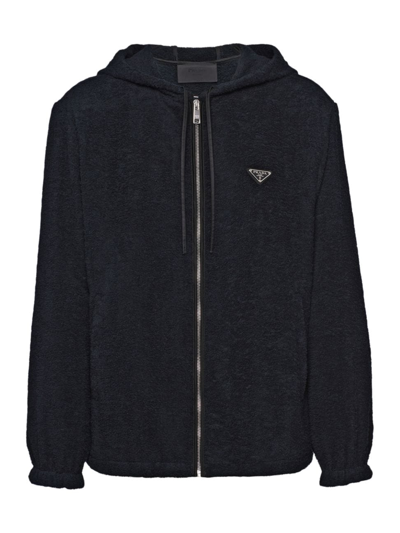 Shop Prada Men's Terrycloth Hoodie Jacket In Black