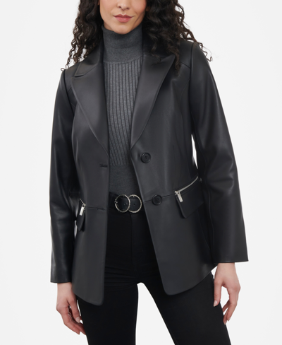 Shop Anne Klein Women's Petite Zip-pocket Leather Blazer Coat In Black