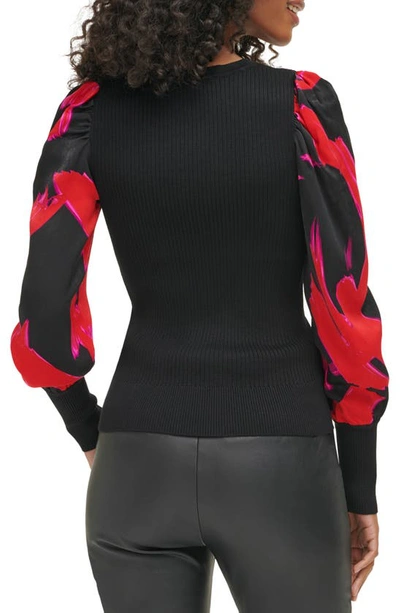 Shop Dkny Contrast Sleeve Rib Sweater In Black/ Black/ Crimson Multi