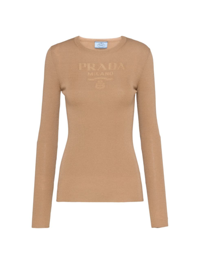 Shop Prada Women's Superfine Wool Crew-neck Sweater In Brown