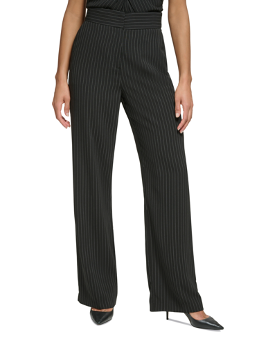 Shop Dkny Petite Wide-leg Pinstripe Pants, Created For Macy's In Black/white