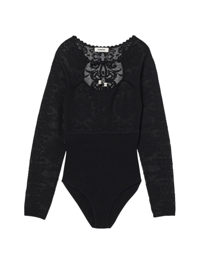 Shop Sandro Women's Lace Bodysuit In Black