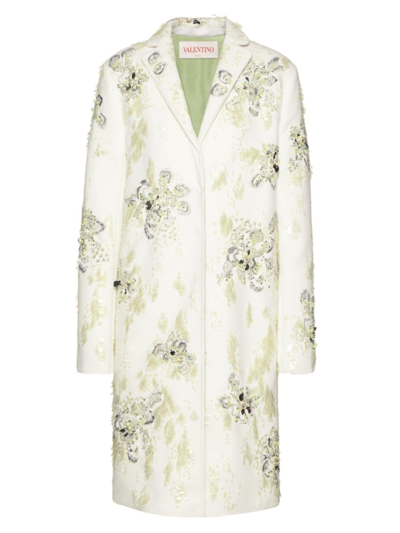 Shop Valentino Women's Compact Drap Coat With Floral Embroidery In Ivory