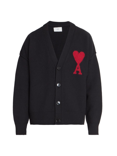 Shop Ami Alexandre Mattiussi Men's Monogram Wool Cardigan In Black Red