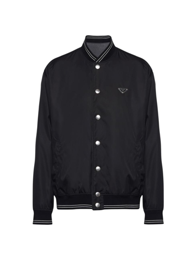 Shop Prada Men's Reversible Re-nylon And Cotton Fleece Bomber Jacket In Black