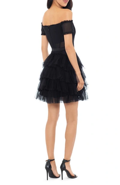 Betsy & Adam Corset Tiered Ruffle Off The Shoulder Tulle Minidress In Black