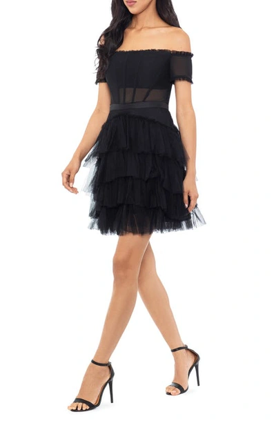 Betsy & Adam Corset Tiered Ruffle Off The Shoulder Tulle Minidress In Black