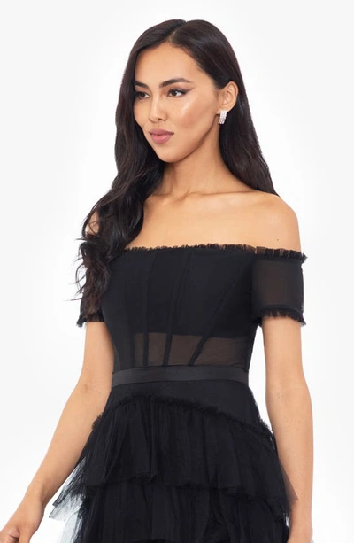 Betsy & Adam Corset Tiered Ruffle Off The Shoulder Tulle Minidress In Black