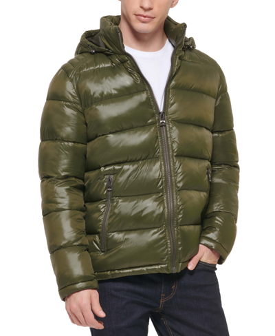 Shop Guess Men's Hooded Puffer Coat In Army Green