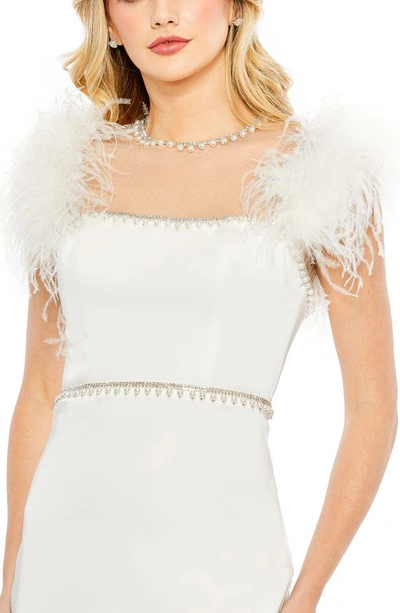 Shop Mac Duggal Feather Cap Sleeve Embellished Sheath Cocktail Dress In White