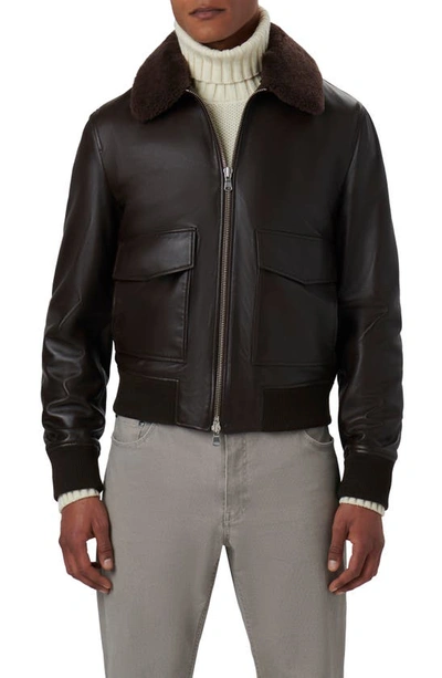 Shop Bugatchi Leather Bomber Jacket With Removable Genuine Shearling Collar In Truffle