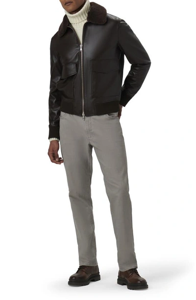 Shop Bugatchi Leather Bomber Jacket With Removable Genuine Shearling Collar In Truffle