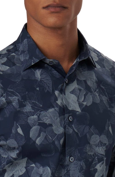 Bugatchi Axel Leaf Print Stretch Cotton Button-up Shirt In Navy